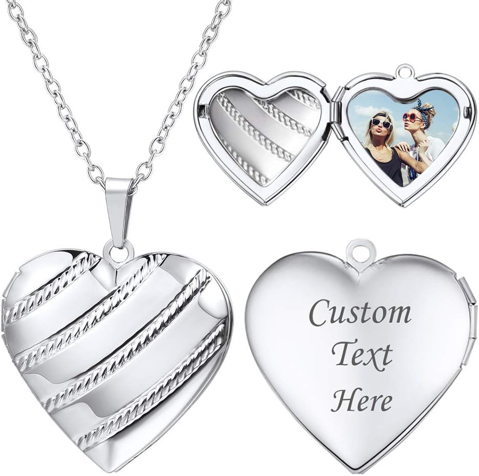 U7Women Locket Necklace Platinum 18K Gold Photo Lockets that Hold Picture,Chain 20 Inch Personalized Gift Custom Love Heart Image Necklaces