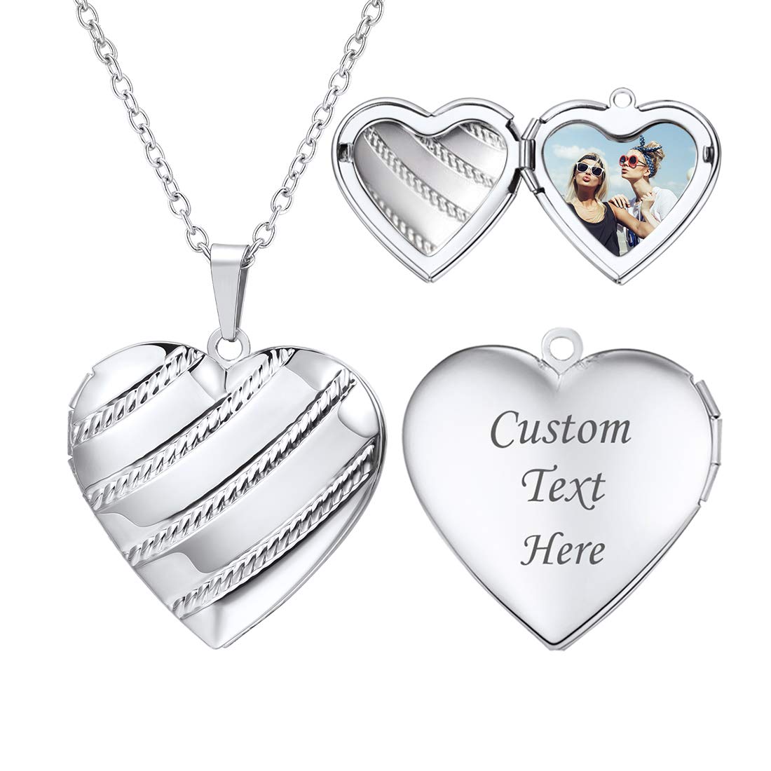 U7Women Locket Necklace Platinum 18K Gold Photo Lockets that Hold Picture,Chain 20 Inch Personalized Gift Custom Love Heart Image Necklaces