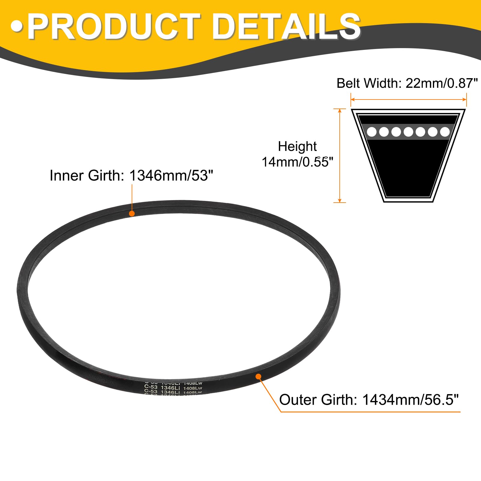 uxcell C53 Drive V-Belt 53 Inch (1346mm) Inner Circumference x 22mm Width x 14mm Height, Rubber V Belt for Power Transmission — Amazon image 2