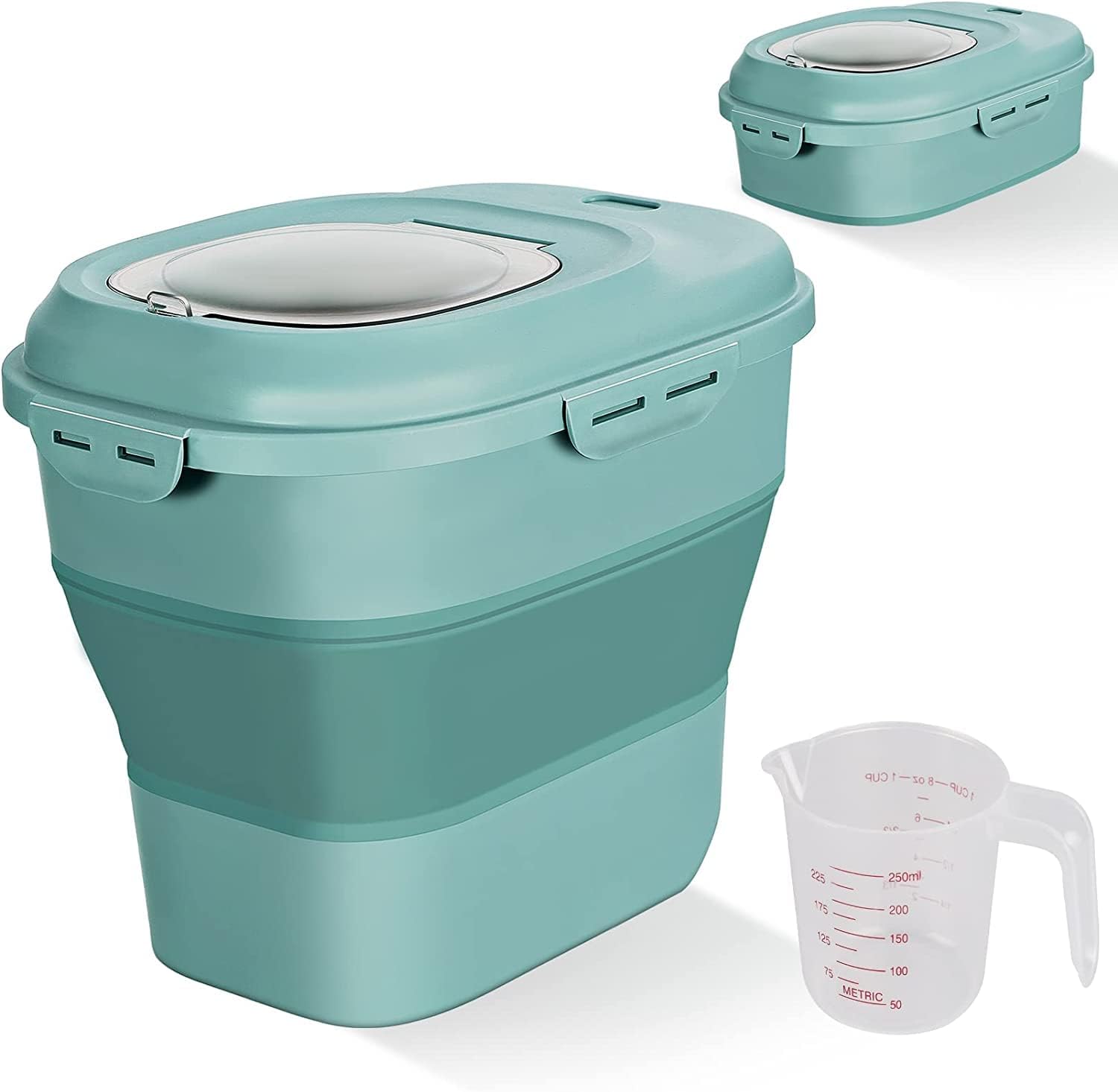 ORCHID M® Large Rice Storage Container, 20lb to 50lb Collapsible Dry Food Storage Bins with Flip Lid and Rolling Wheel, Pantry to Store Cereal Flour, Dog Cat Food Storage Container (Green)
