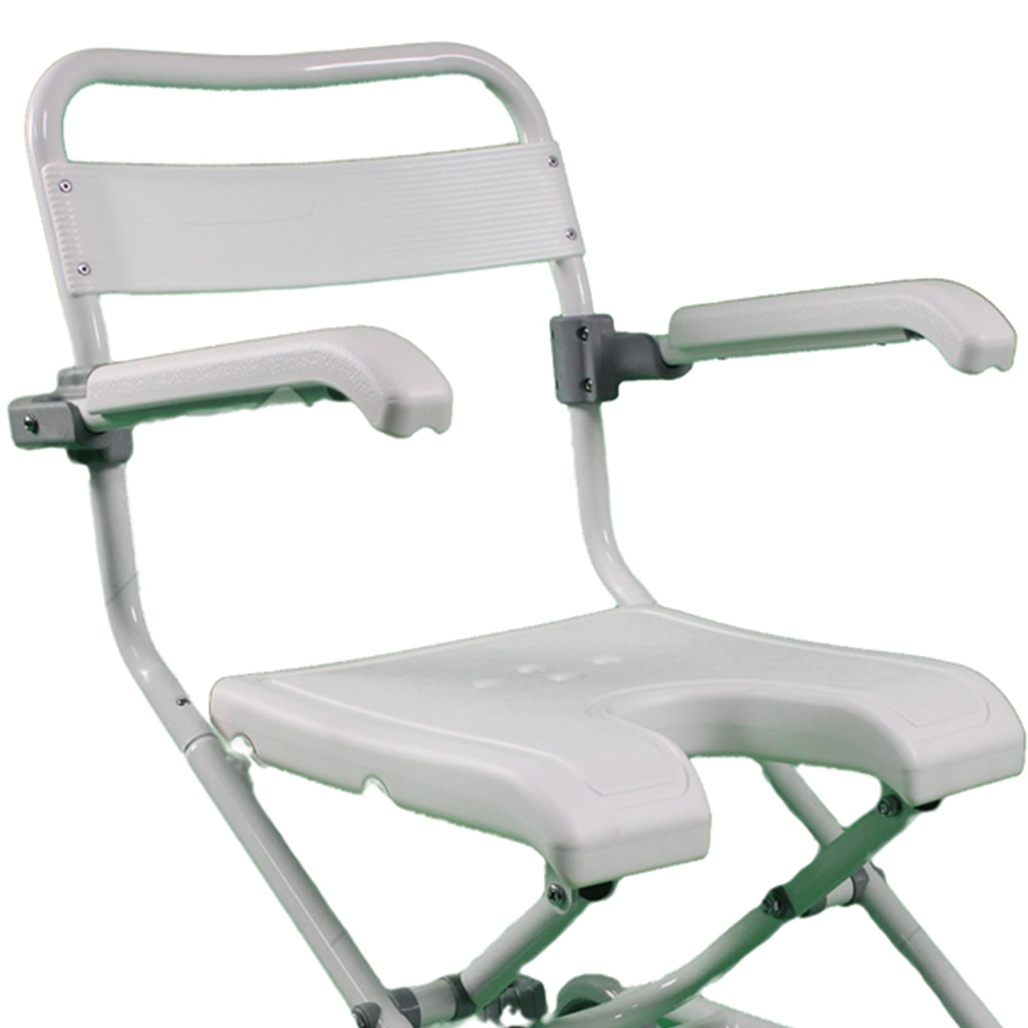 GIMA, Silla de ducha plegable sobre ruedas con estructura de aluminio y asiento de plástico, ruedas con bloqueo, 42915