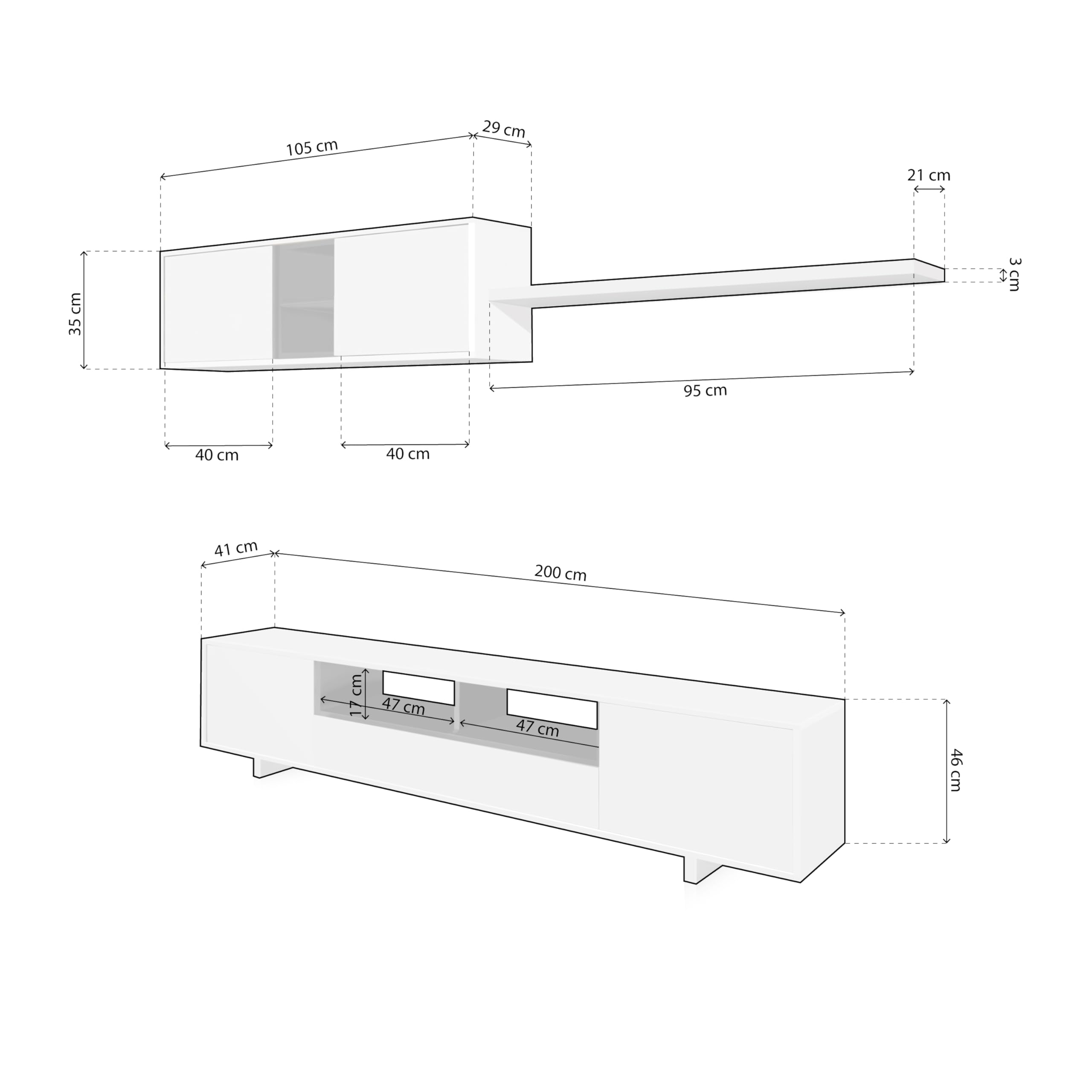 Habitdesign – Mueble de Salón Moderno, Módulos para Comedor, Conjunto de Salón, Color Blanco Brillo y Gris Antracita, 200x41x46 cm - Modelo Belus