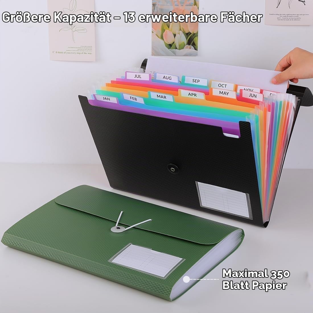 SKYDUE Fächermappe, Akkordeon-Aktenordner mit 13 Taschen für A4/Briefpapier, Akkordeon-Ordner mit Etiketten, Dokumentenquittungs-Organizer für Büro, Schule, Zuhause