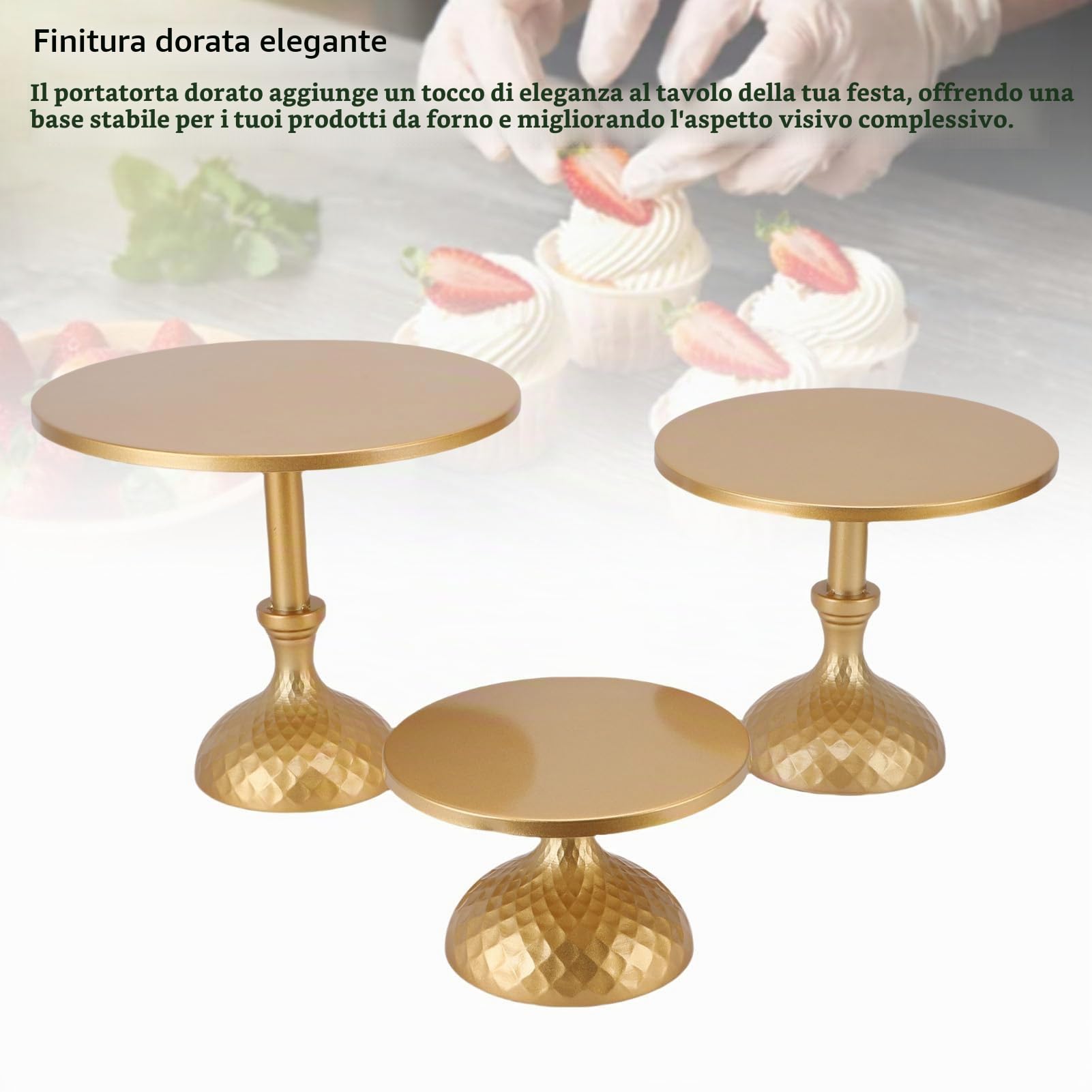 3 pezzi Alzate per torta dorate, espositore per pizza con torta da dessert con piedi per feste, matrimoni, compleanni