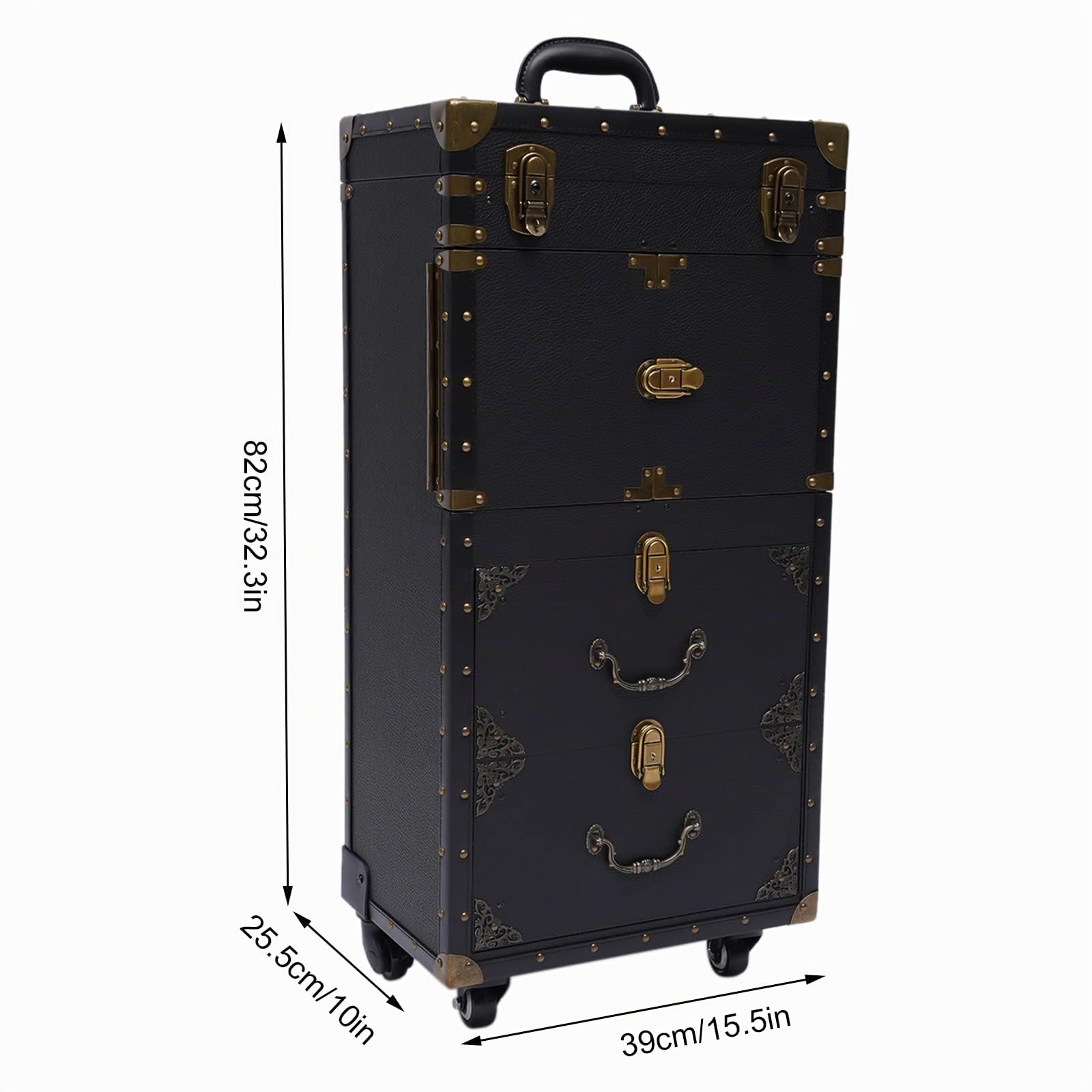 Valise à roulettes rétro avec verrouillage par mot de passe, chariot de coiffure, de beauté, valise à roulettes avec support pour sèche-cheveux et 4 compartiments de rangement