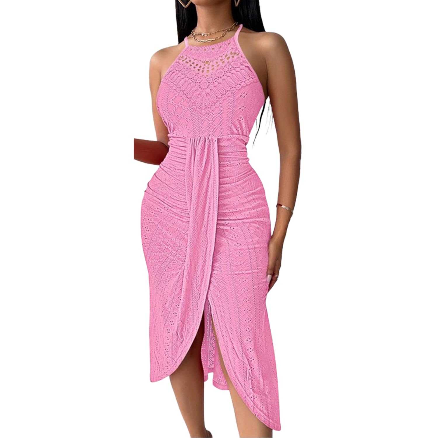Women's Eyelets Halter Ruched Midi Dress-Bohemian Beach Style, Sexy 2025 Summer Crochet Hollow Slit Dresses (Pink,XXL)