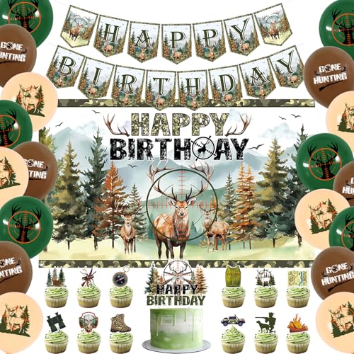 Hunting Camo Party Decorations Including Happy Birthday Banner Backdrop  Cake Topper Balloons for Camping Hunting Birthday Party Supplies