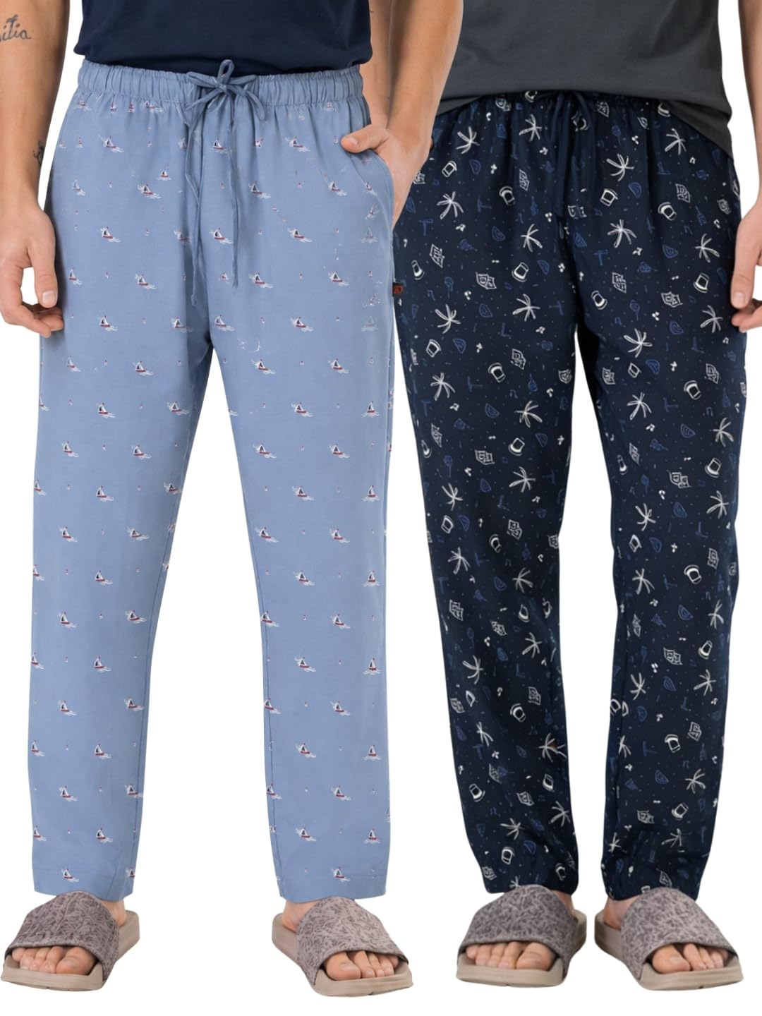 boxy crew Men's 100% Cotton Lounge Pyjama Pants Pack of 2 - | No Marks Elastic, Invisible Zipper Left Pocket, Dual Pockets, Drawcord | Night Pants for Men | Value Pack-picture-28