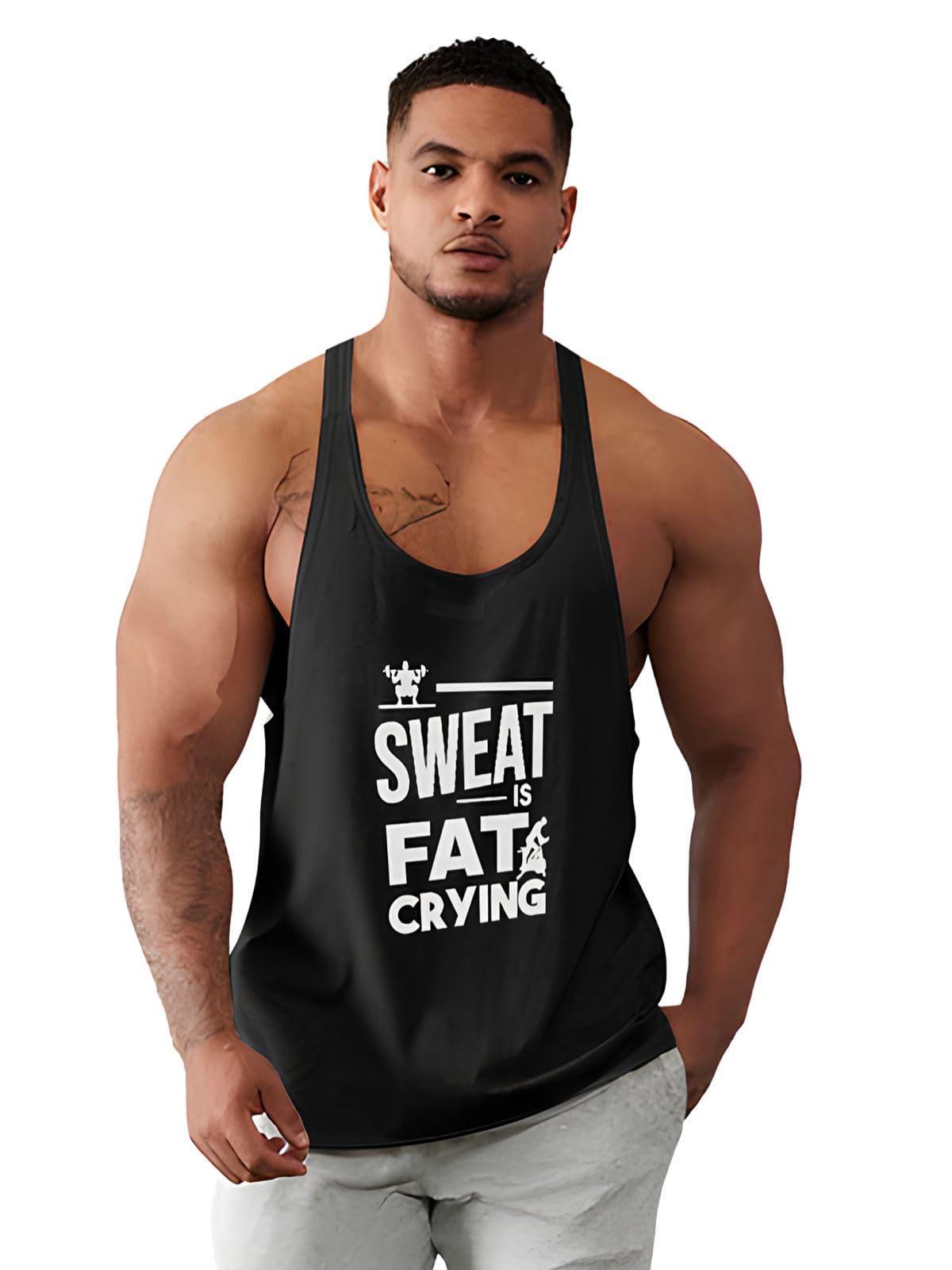 BAB Men’s Scoop Neck Gym Vest | Men Regular Fit Vest | Men's Sports Wear | Polyester Sando | Innerwear | Sweat is Fat Crying Printed