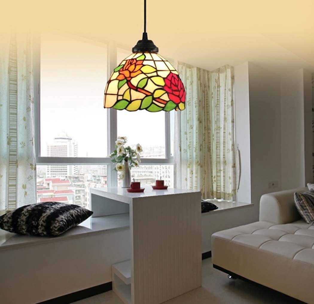 METTEOR Pastoral Rose Multi-Head Art Chandelier In Tiffany Style Stained Glass Ceiling Pendant Lamp Light,E27,For Living Room Bedroom Dining Room Ki (A)