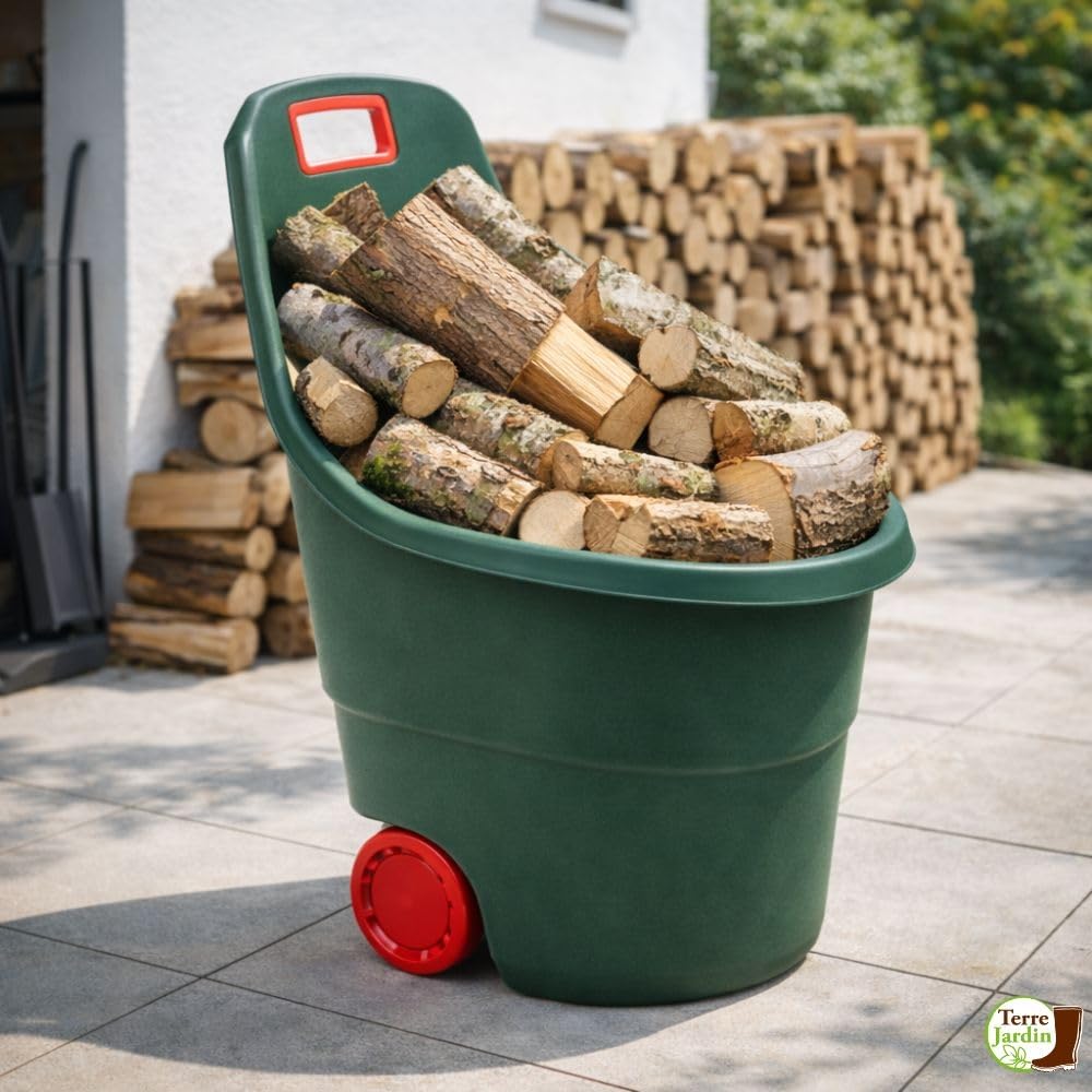 TERRE JARDIN Chariot de Jardin 45 L en Plastique - Brouette de Jardin 2 Roues Maniable avec Poignée - Chariot à roulettes pour Bois de Chauffage, Déchets Verts et Entretien Extérieur