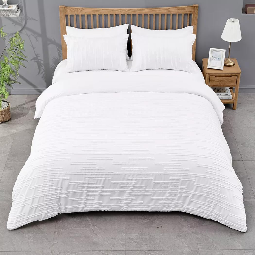 Embossed White Stripe Duvet Cover Set - Soft Boho Textured Microfiber Bedding - Single, Double, King Sizes - Hypoallergenic, Machine Washable, Durable & Elegant 100% Polyester (Super King)