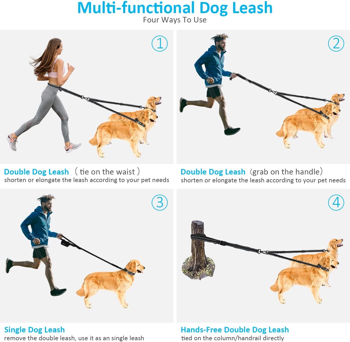 PHILORN Hands-Free Double Dog Leash 110lbs Comfortable Shock Absorbing Reflective Bungee for 2 Dogs Walking Training 66-84 inch Adjustable No Tangle Dual Dog Leash with Pouch 2 Handles, Black