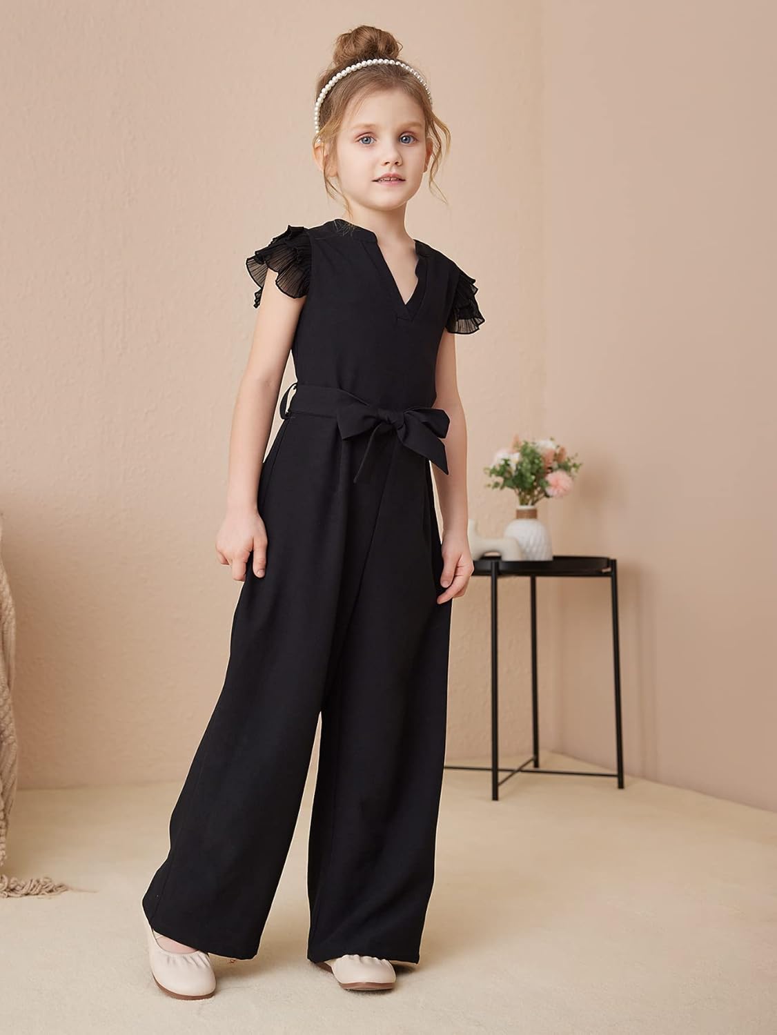 WDIRARA Girl's Layered Ruffle Cap Sleeve Mesh Notched V Neck Belted Jumpsuit Pants - Image 3
