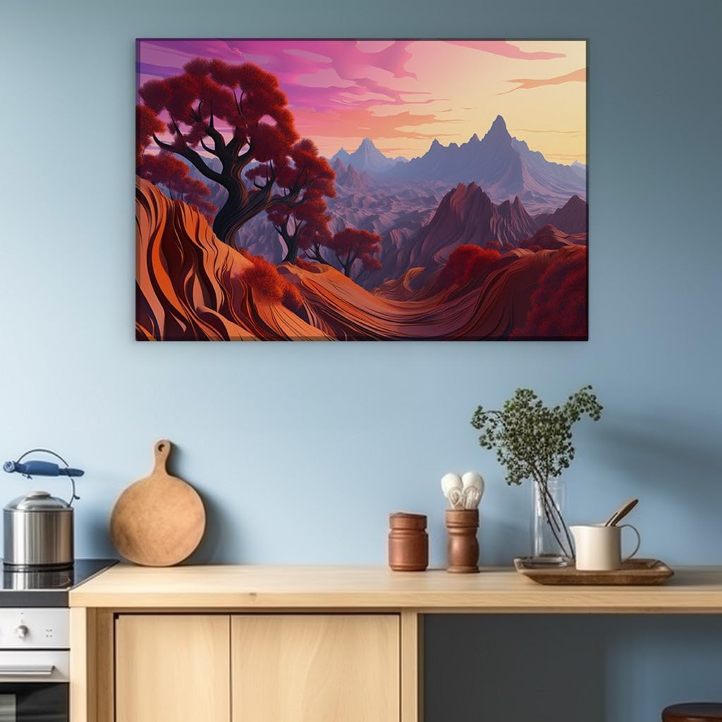 Canvas for Living Room. Autumn's Vivid Tapestry: A Digital Ode to Fall's Fiery Canopy and Mountain Silhouettes, 27 x 18 inch Canvas Wall Art - Contemporary Masterpieces - Modern Home Decor