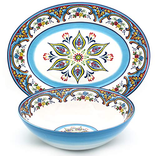 EuroCeramica Zanzibar Collection Vibrant Kitchen and Dining Serveware, 2-Piece Serving Bowl and Oval Platter Set, Spanish Floral Design, Multicolor Blue and White