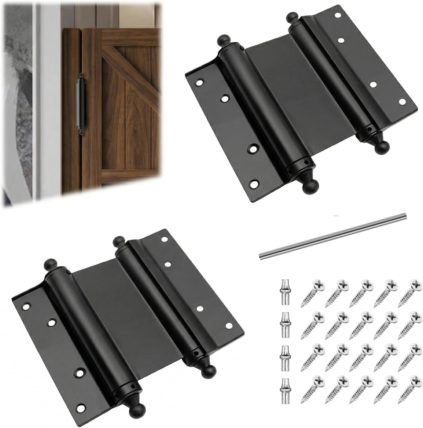 6" Double Action Spring Hinges, 2 Pack Self Closing Door Hinges for Indoor/Outdoor Saloon Cafe Pub Swinging Doors, Cold Rolled Steel, Including Pins and Screws (Black, 6"-2 Pack)