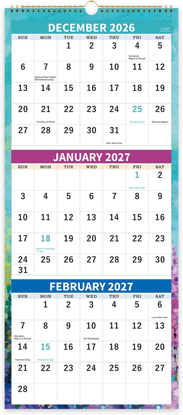 2027 Calendar - 2027 Wall Calendar, Jan.2027 - Dec.2027, 3 Month Calendar 2027 Display (Folded in a Month), 11" x 26", 3 Month Wall Calendar 2027 - Oil Painting