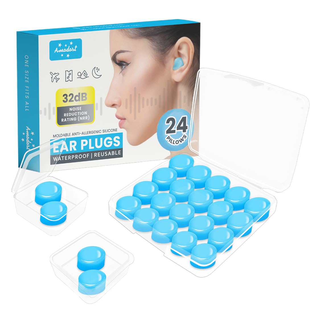 Lot de 12 paires de bouchons d'oreille souples en gel de silicone pour annulation du bruit, sommeil et natation, indice de réduction du bruit 33 dB (NRR) Bleu