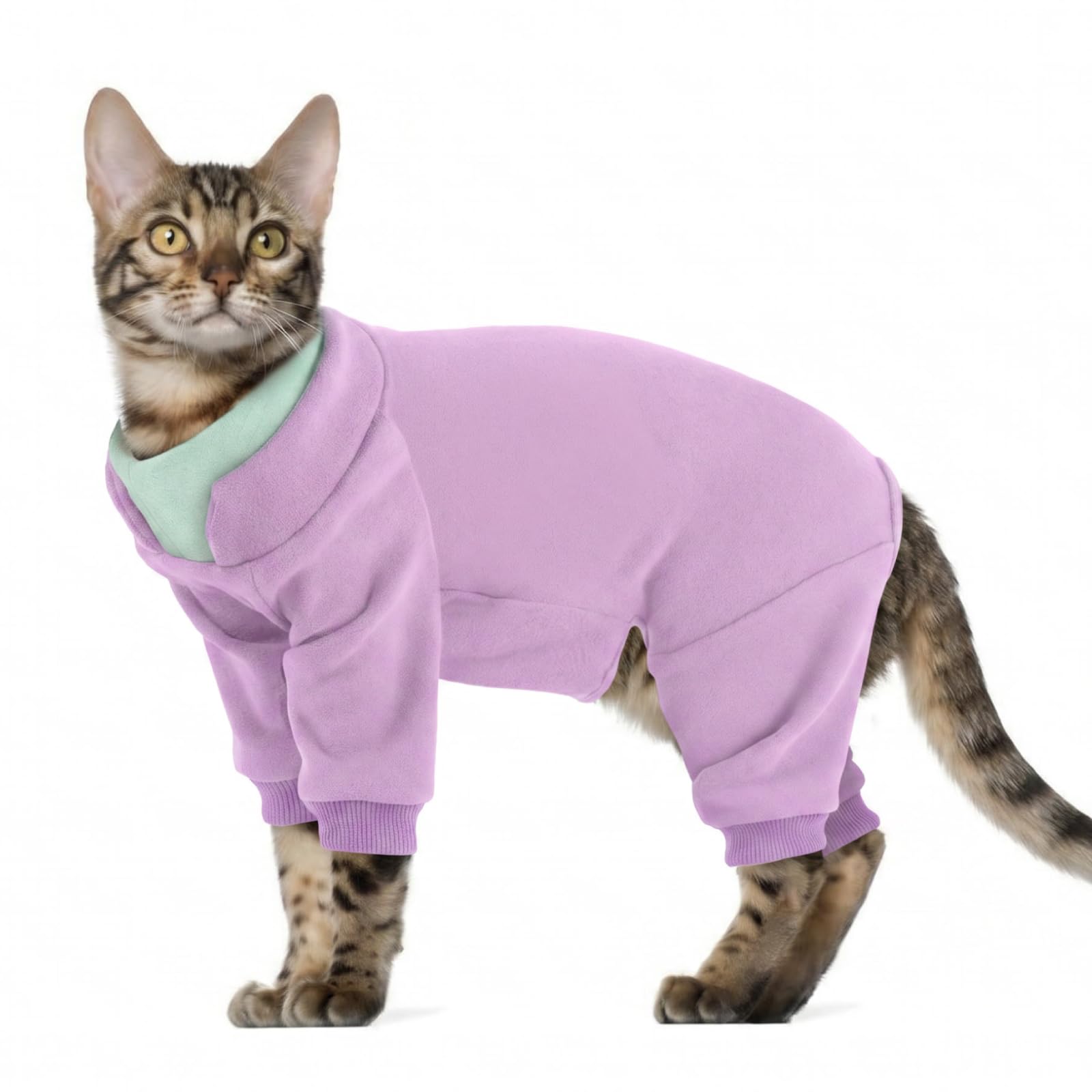 Hjumarayan Cat Onesie, Cats Recovery Suit, Cat Overgrooming Suit with Legs, Sticky Hair Suit Post Surgery, Full Coverage Warm Fleece Dress to Stop Licking, Purple M
