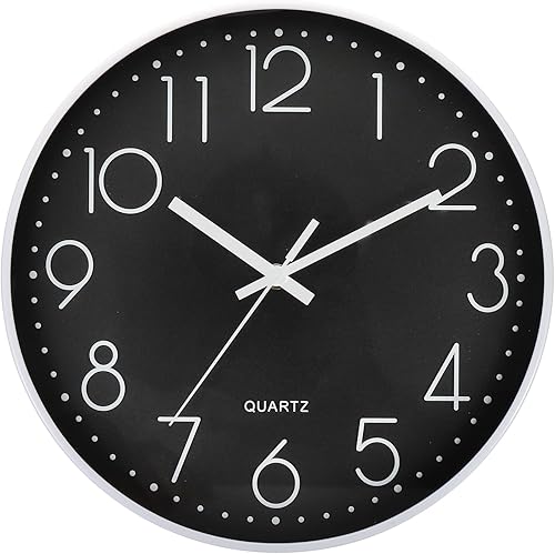 PATIKIL Reloj de pared de 12 pulgadas, funciona con pilas, silencioso, sin tictac, redondo, para oficina, dormitorio, decorativo, color negro y