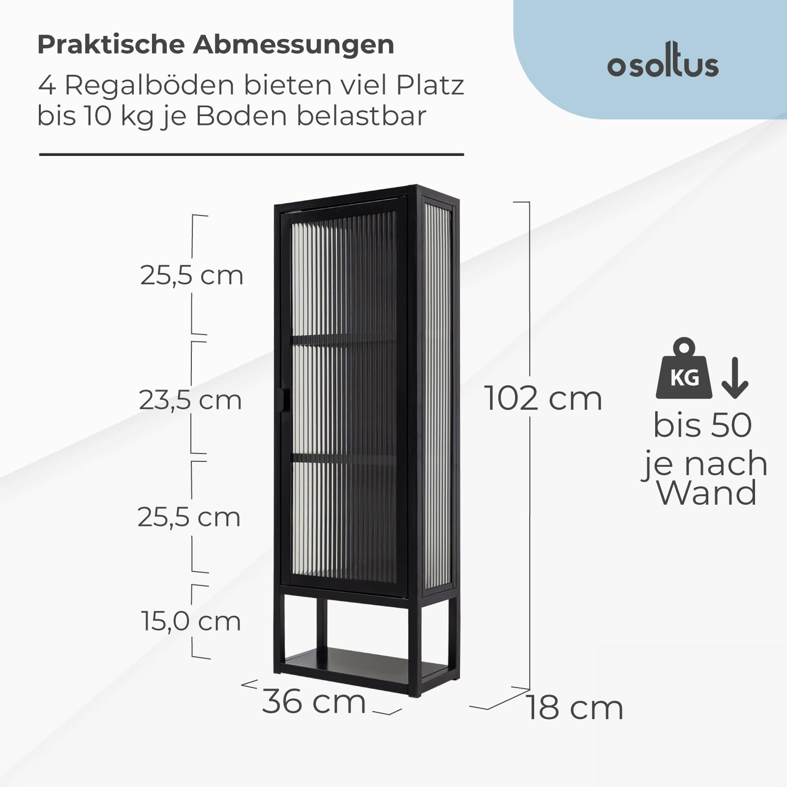 osoltus Wandschrank Riffelglas Stahl Regal Cube schwarz Industrial 102x36cm