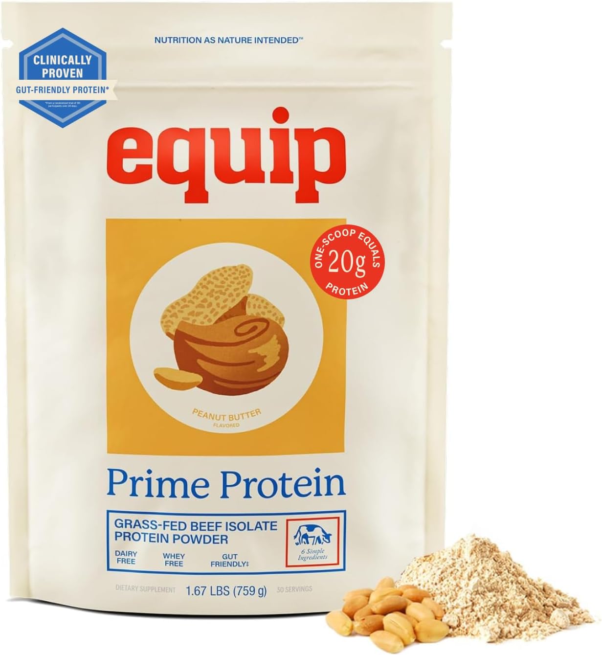 Prime Peanut Butter Protein Powder - Gut-Friendly, No Sugar Protein Shake Powder with Grass-Fed Beef & Natural Collagen - Rich & Creamy Mix - 21g Per Serving - Whey & Dairy-Free (30 Scoops)