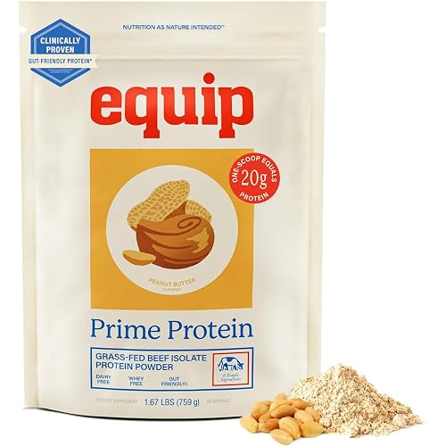Equip Prime Peanut Butter Protein Powder - Gut-Friendly, No Sugar Protein Shake Powder with Grass-Fed Beef & Natural Collagen - Rich & Creamy Mix - 21g Per Serving - Whey & Dairy-Free (30 Scoops)