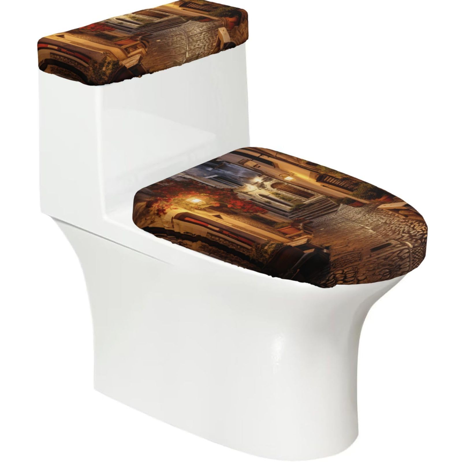 Italian Old Street Printed Toilet Tank and Lid Cover Set of 2 for Most Bathrooms, Fits Elongated Round Toilets