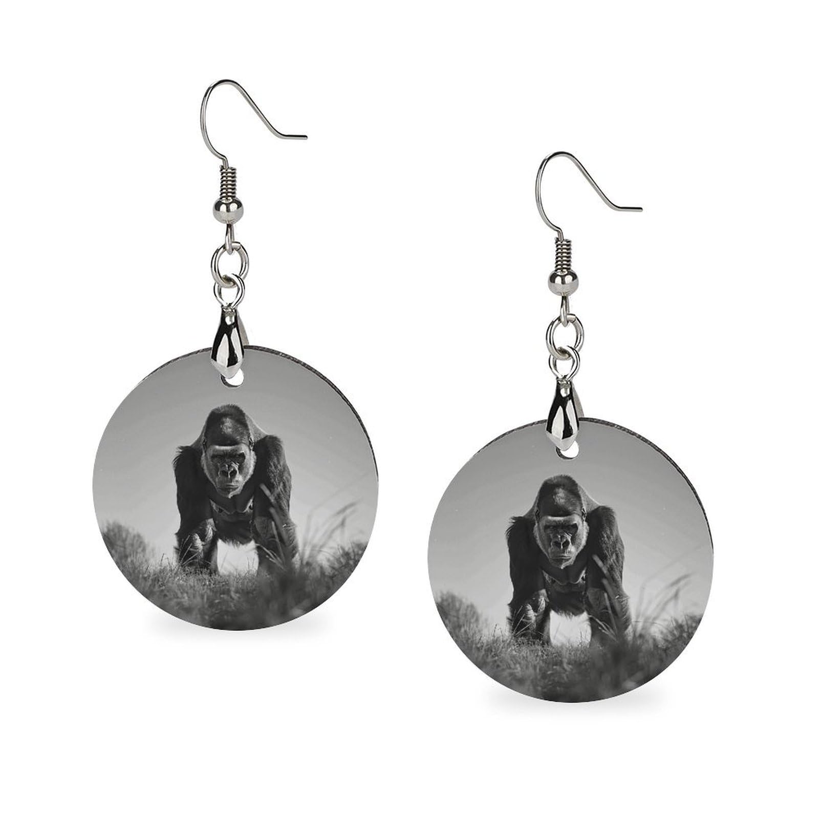 Wooden Earrings,Gorilla in The Grassprinted Lightweigh Pendant Pendant Earrings Round Statement Earrings for Women