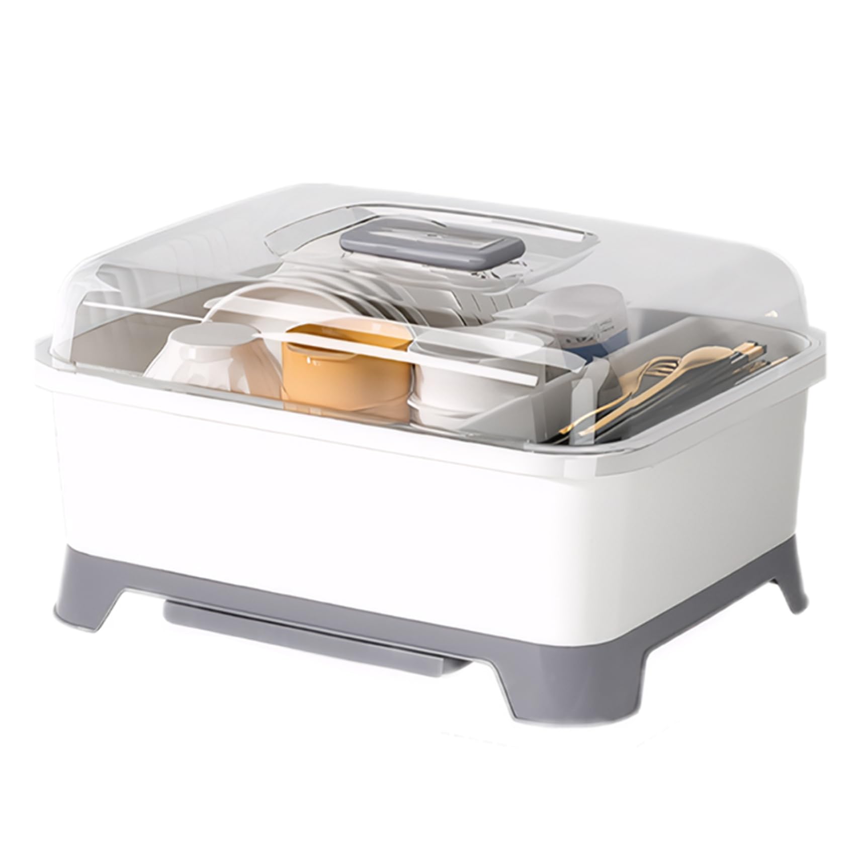 Sjfbebsy Dish Drying Rack with Cover Multi Compartment Dish Drainer PP 16x12x7inch, Rack with Drip Tray Detachable Washable Dustproof for Kitchen Counter, Drainer