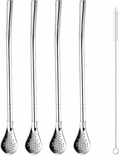 Cucharas para pajitas de acero inoxidable, 59 x 1.5 pulgadas, reutilizable, bombilla yerba mate, pajitas de cono de nieve con cepillo de limpieza,