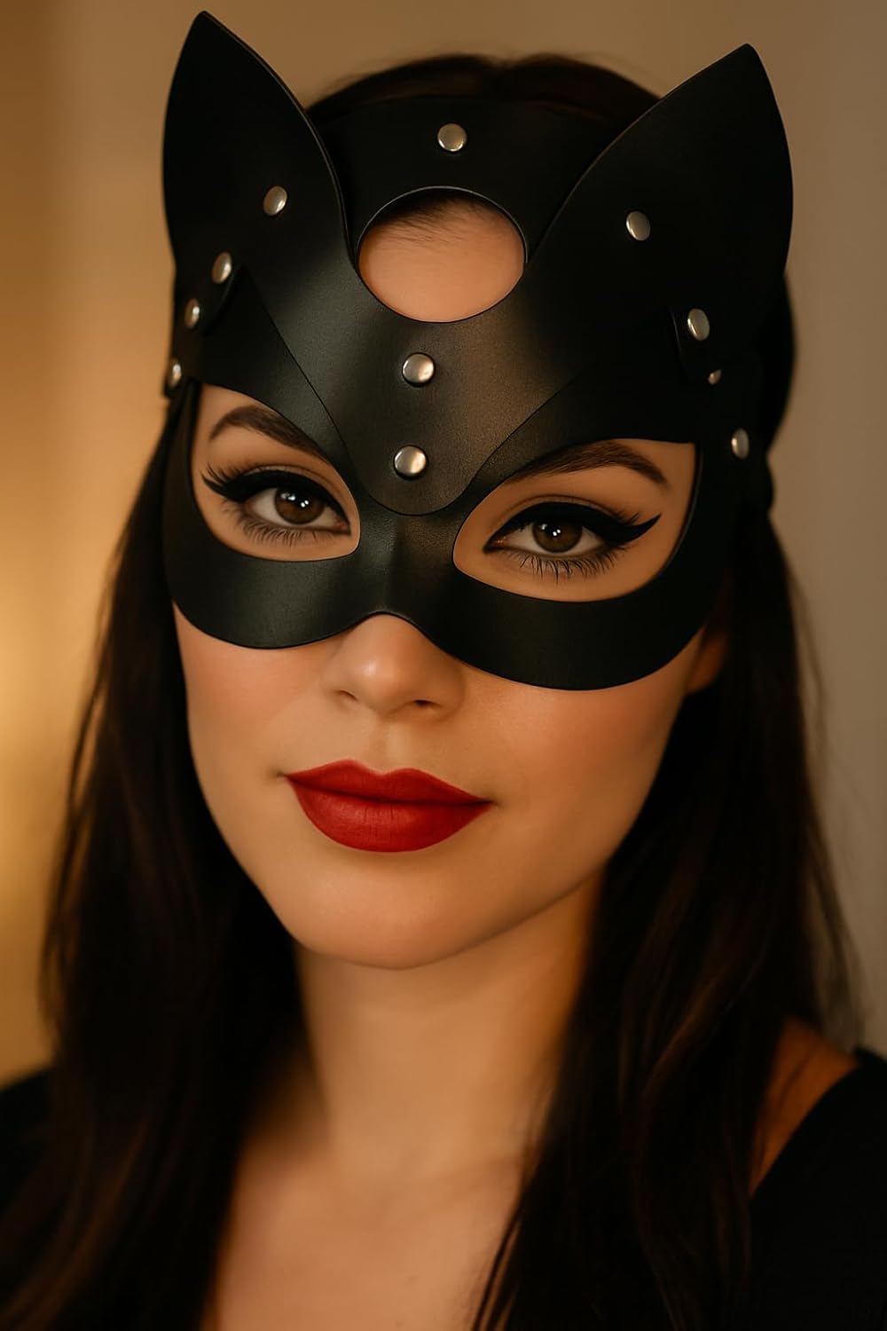 Cat Woman Eye Cover for Adults Women, Black Faux Leather Cat Ear Headpiece with Adjustable Strap, Halloween Cosplay Masquerade Costume Accessory for Party and Roleplay Outfits - Image 4