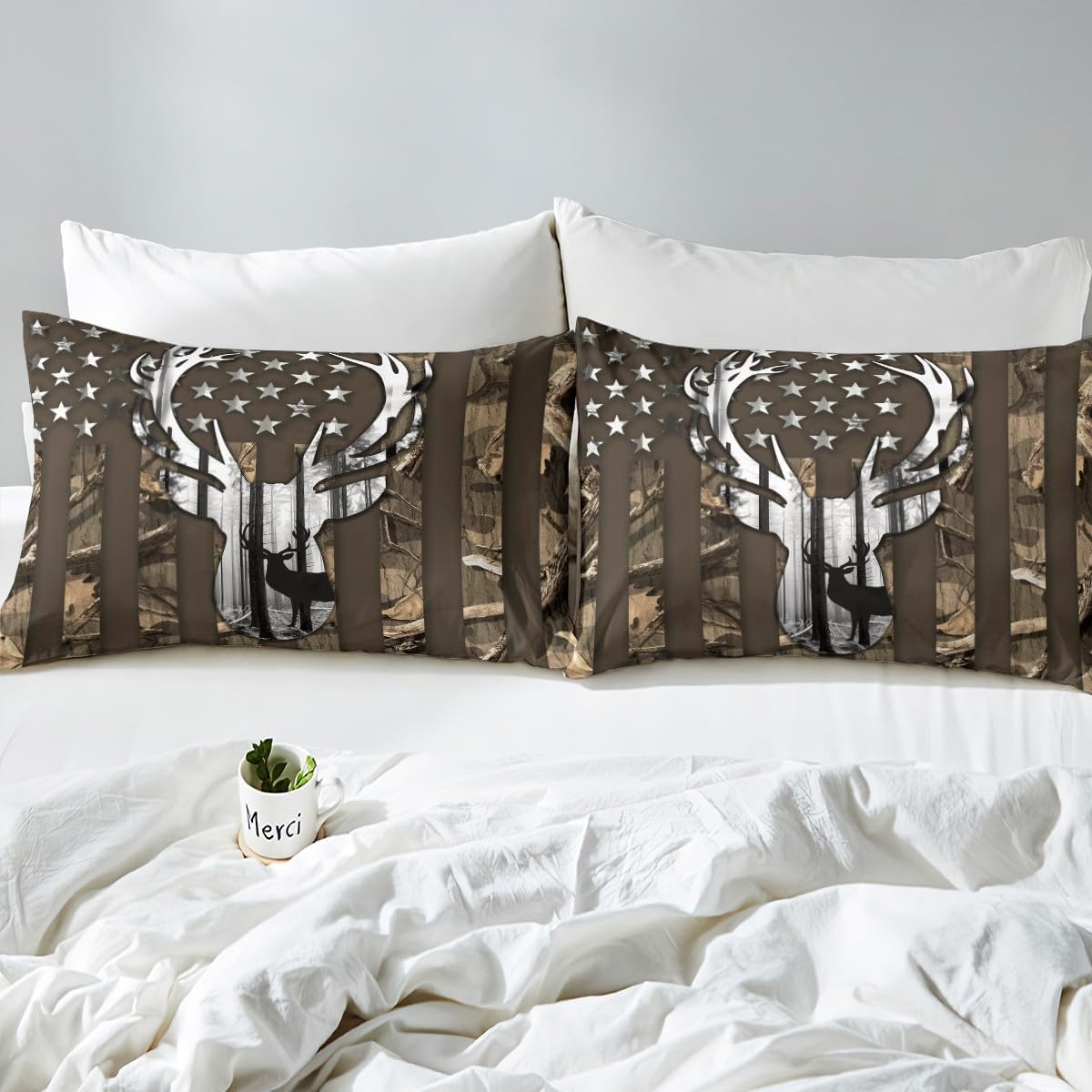 Camouflage USA Flag Fitted Sheet Full Size,Brown Camo Deer Antlers and Trees All-Round Elastic Deep Pocket Bed Cover,American Flag Room Decor Microfiber Mattress Cover, No Flat Sheet