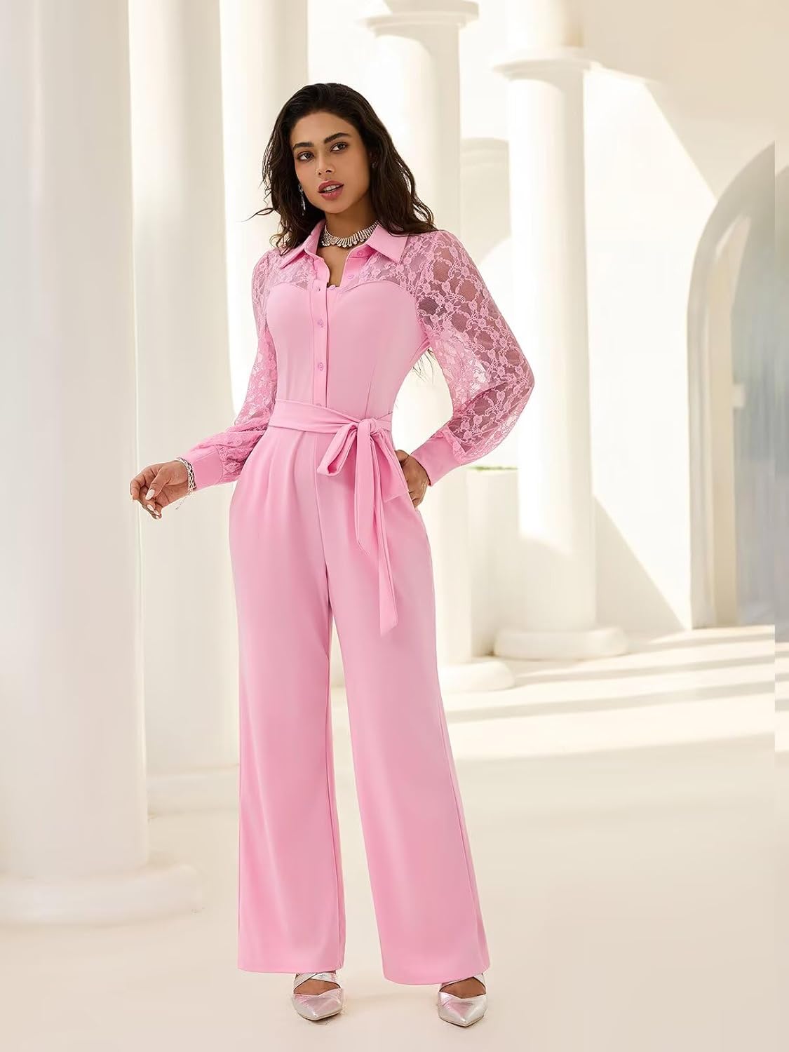 Elegant Jumpsuit for Women Dressy Sexy Lace Puff Sleeve Wide Leg Pant Suit One Piece Formal Outfits - Image 7