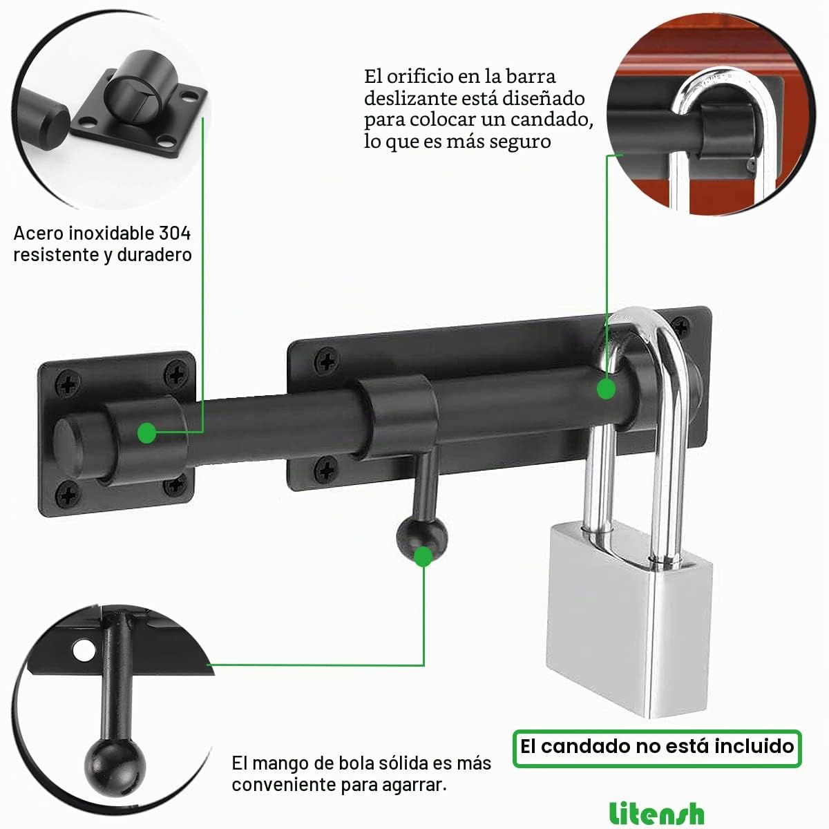 Cerradura de seguridad para puerta deslizante resistente con agujero para candado, Pestillo Puerta, Cerrojo Puerta Interior Cierre Puerta acero inoxidable 304 negro mate (8 Inch (200mm))