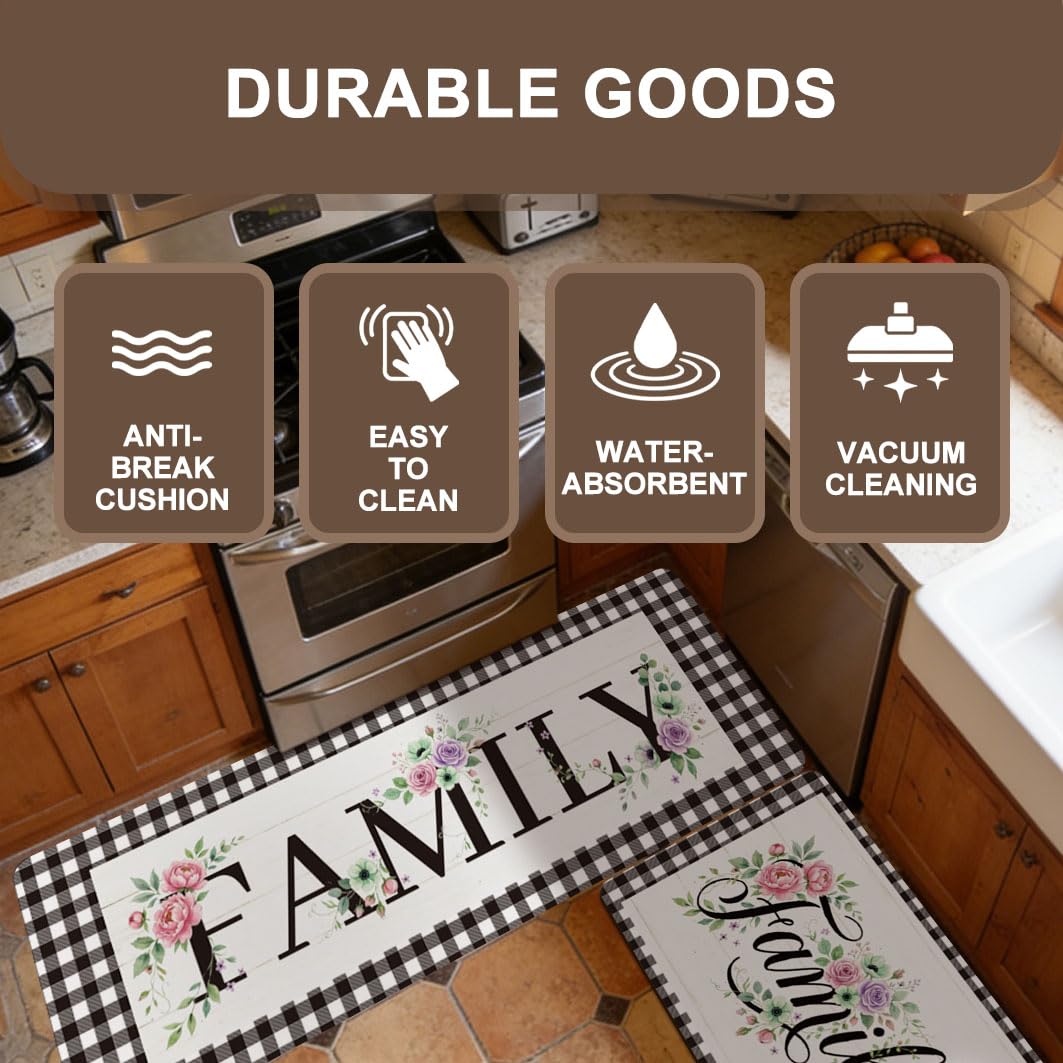 Set di 2 tappeti da cucina in stile rustico con fiori di famiglia, anti-affaticamento, antiscivolo, lavabili, comodi, decorazione per la casa, lavanderia, corridoio, ingresso, bagno, 43 x 76