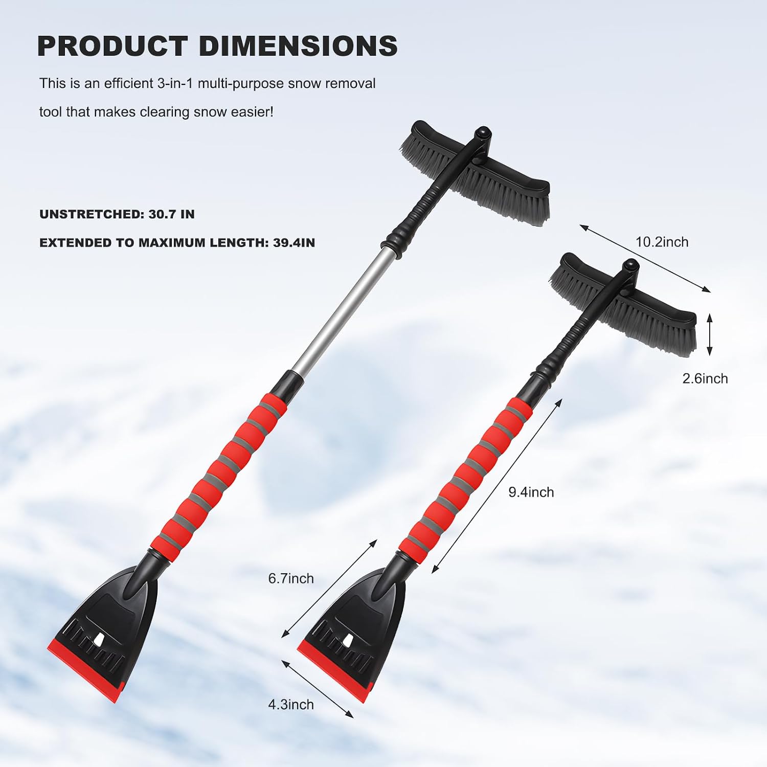 39" Snow Brush & Ice Scraper for Car Windshield, 2-in-1 Detachable Ice Scraper with 360° Pivoting Brush Head, Extendable Snow Removal Tool Winter Accessories for Cars Trucks SUVs (Red) image 2