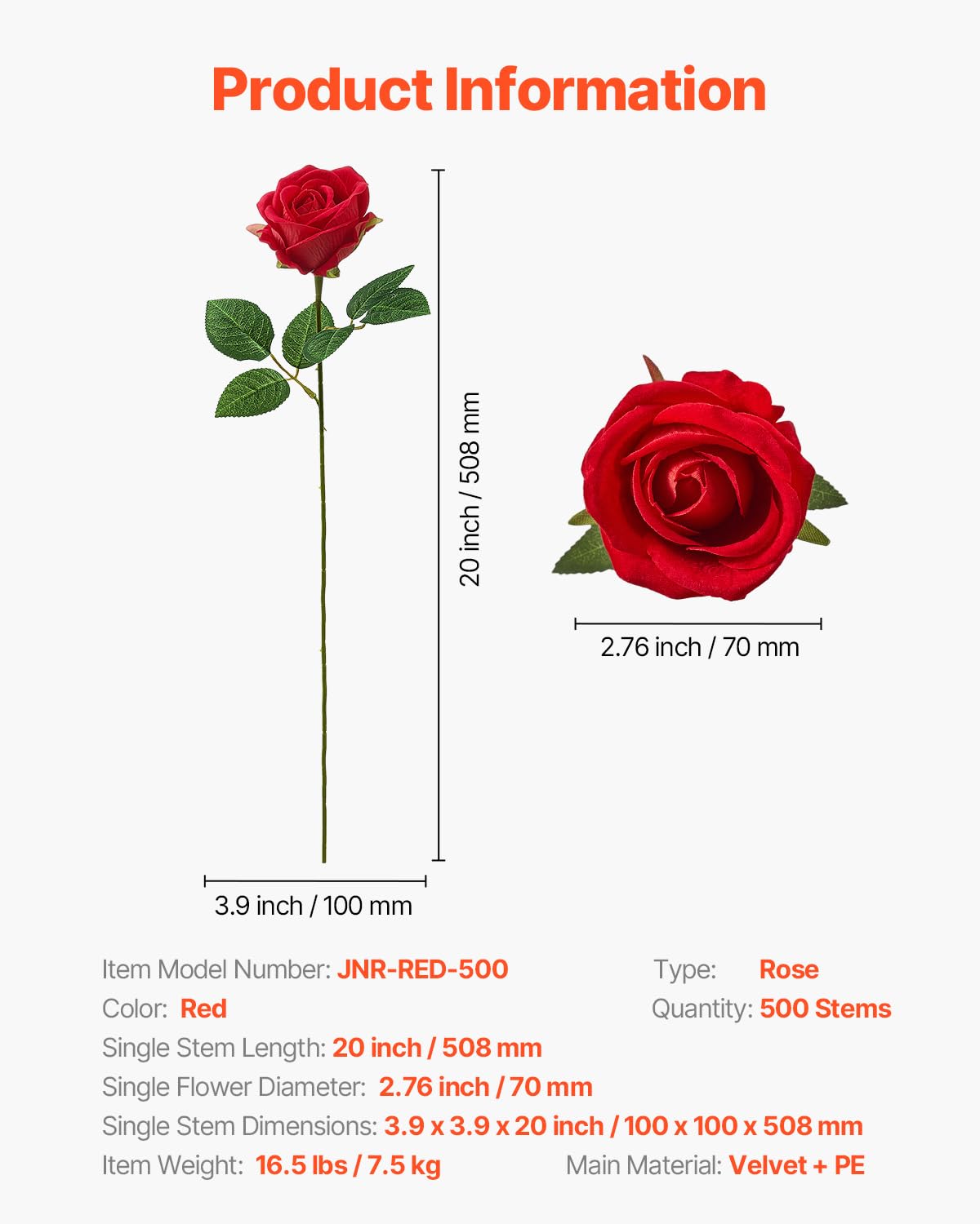 VEVOR Künstliche Blumen Rosen, 500 Stück Kunstblumen, Rote Gefälschte Rose mit Stielen, Schaumrosen für DIY Hochzeit Blumensträuße Braut Valentinstag Muttertag Zuhause Dekoration