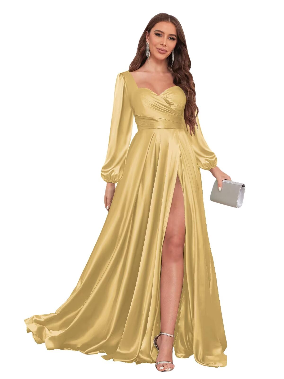 Long Sleeve Satin Bridesmaid Dresses for Women with Pockets V Neck Pleated Formal Evening Gowns