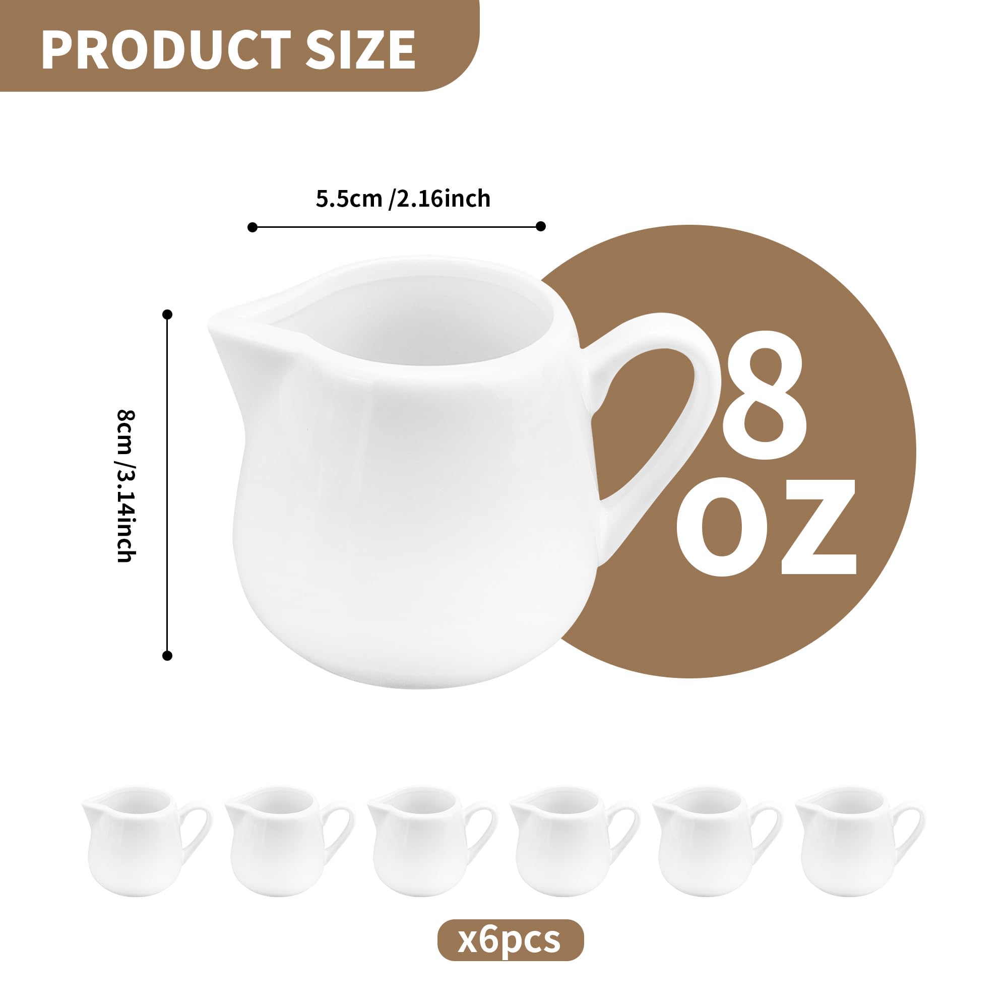 Keramikkännchen mit Griff, 237 ml, weißes Porzellan, kleiner Sahnekrug mit Griff, kleine Soßenkrüge für Milch, Kaffee, Tee, Marmelade, Saucen, 6 Stück