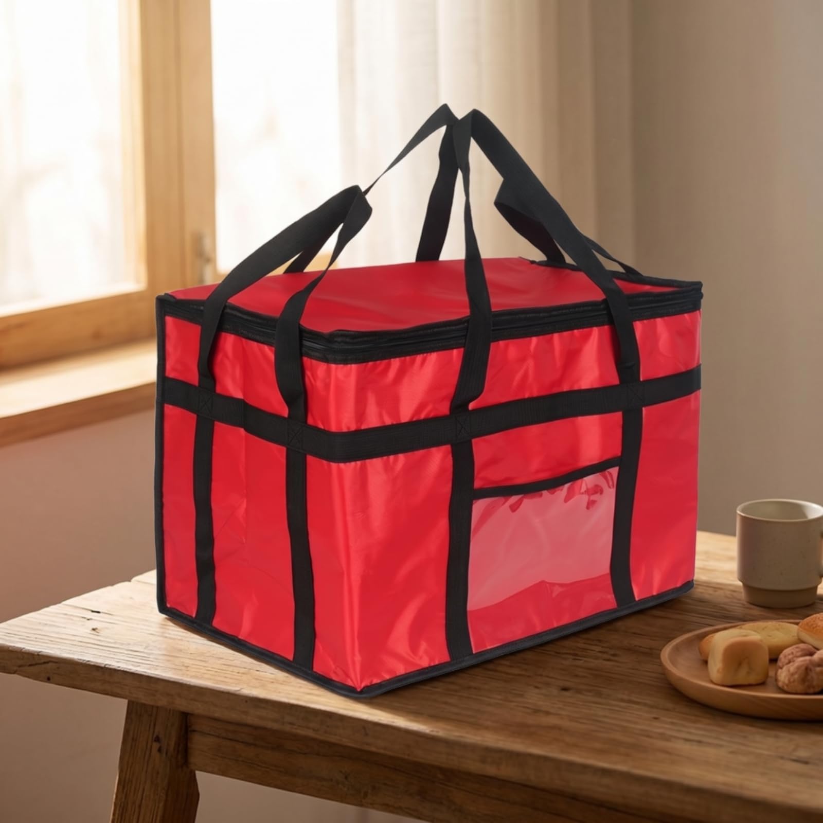 Borsa Termica in Tessuto Oxford Impermeabile Borsa Termica con Cerniera Salvaspazio per Fattorino, Consegnatari, Picnic, Nero, Con Piastra Di Base