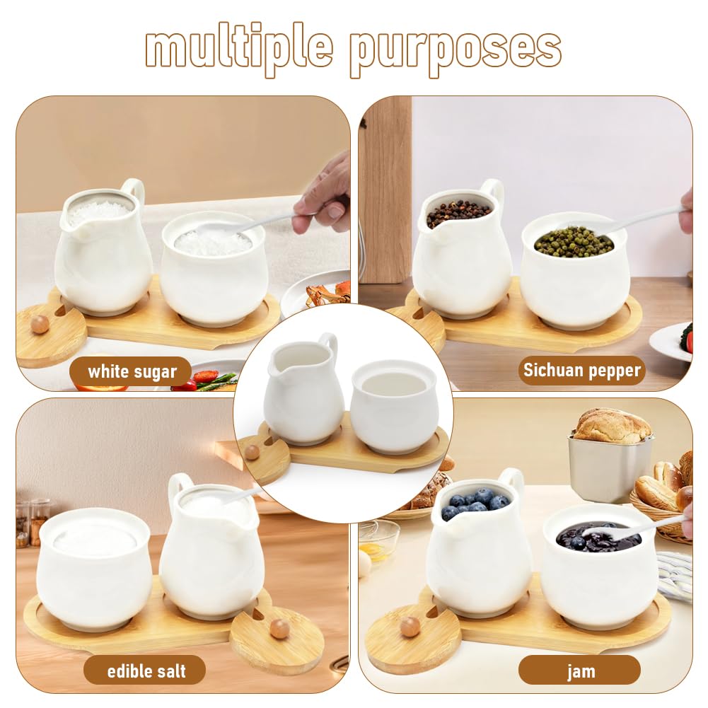 Yuragim Set di latte e zucchero con coperchio e cucchiaio, 5 pezzi, in ceramica, con vassoio in legno, per latte e zucchero, per cucina, caffè, microonde e lavastoviglie (bianco)