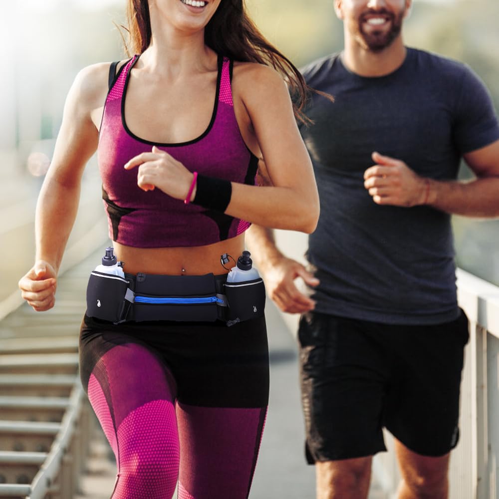 Riñonera para correr, impermeable, con 2 soportes para botella de agua, correa ajustable y diseño de agujero para auriculares para senderismo, correr, caminar, trotar, acampar, Green