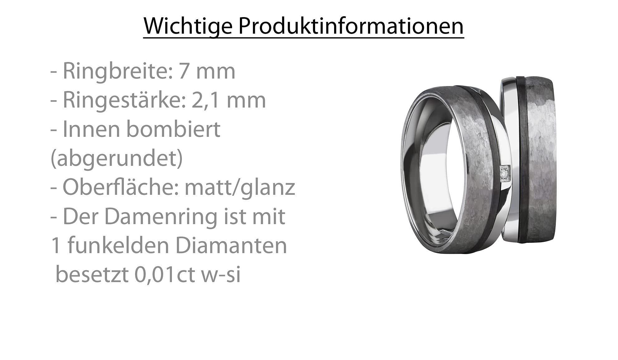 Paar Partnerringe & Eheringe aus Titan Carbon – 7 mm Ringpaar mit wählbaren Diamanten (1, 3 oder 5 × 0,008 ct W-SI), Trauringe für Sie und Ihn mit Gravur und Etui | 9040