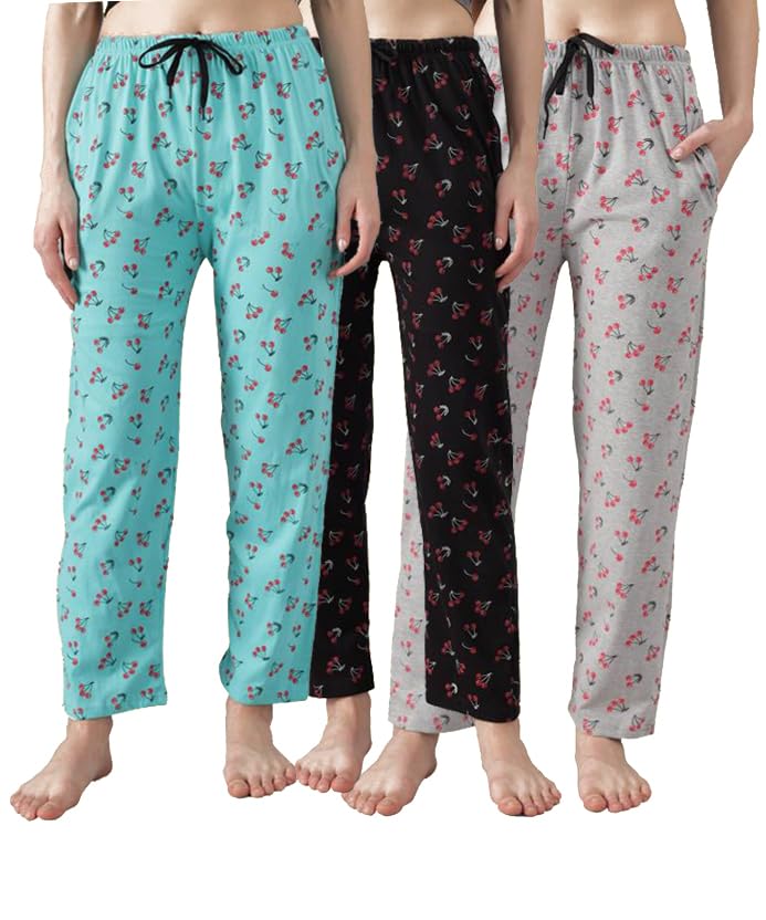 Image of Women's Cotton Pyjama, Drawstring Waist with Pockets, Soft Comfortable Sleepwear - (Pack of 3)
