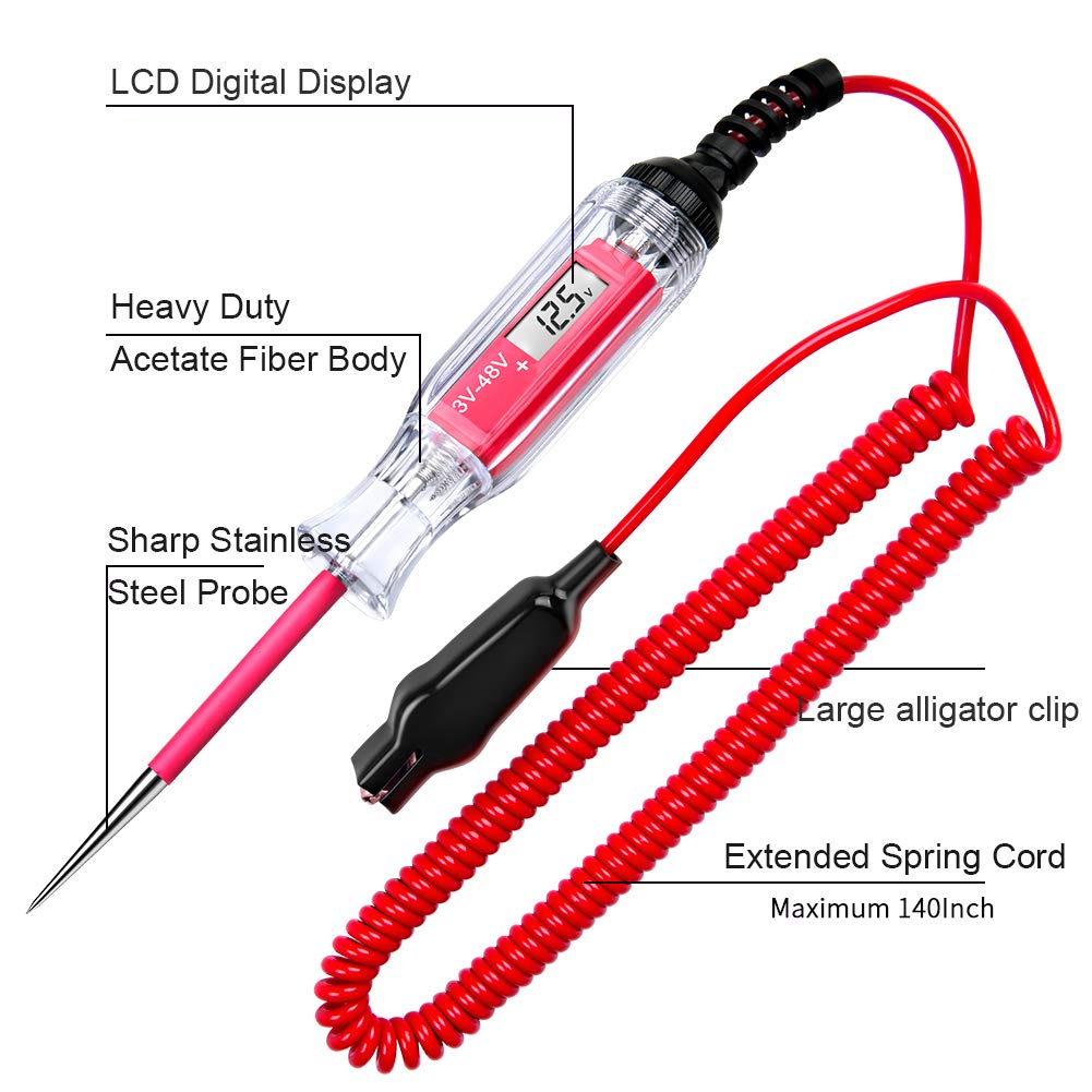 JASTIND Premium 3-48V DC Digital LCD Display Test Light with 140 Inch Extended Spring Wire, Car Truck Vehicles Low Voltage Tester, Automotive Circuit Tester with Sharp Stainless Probe