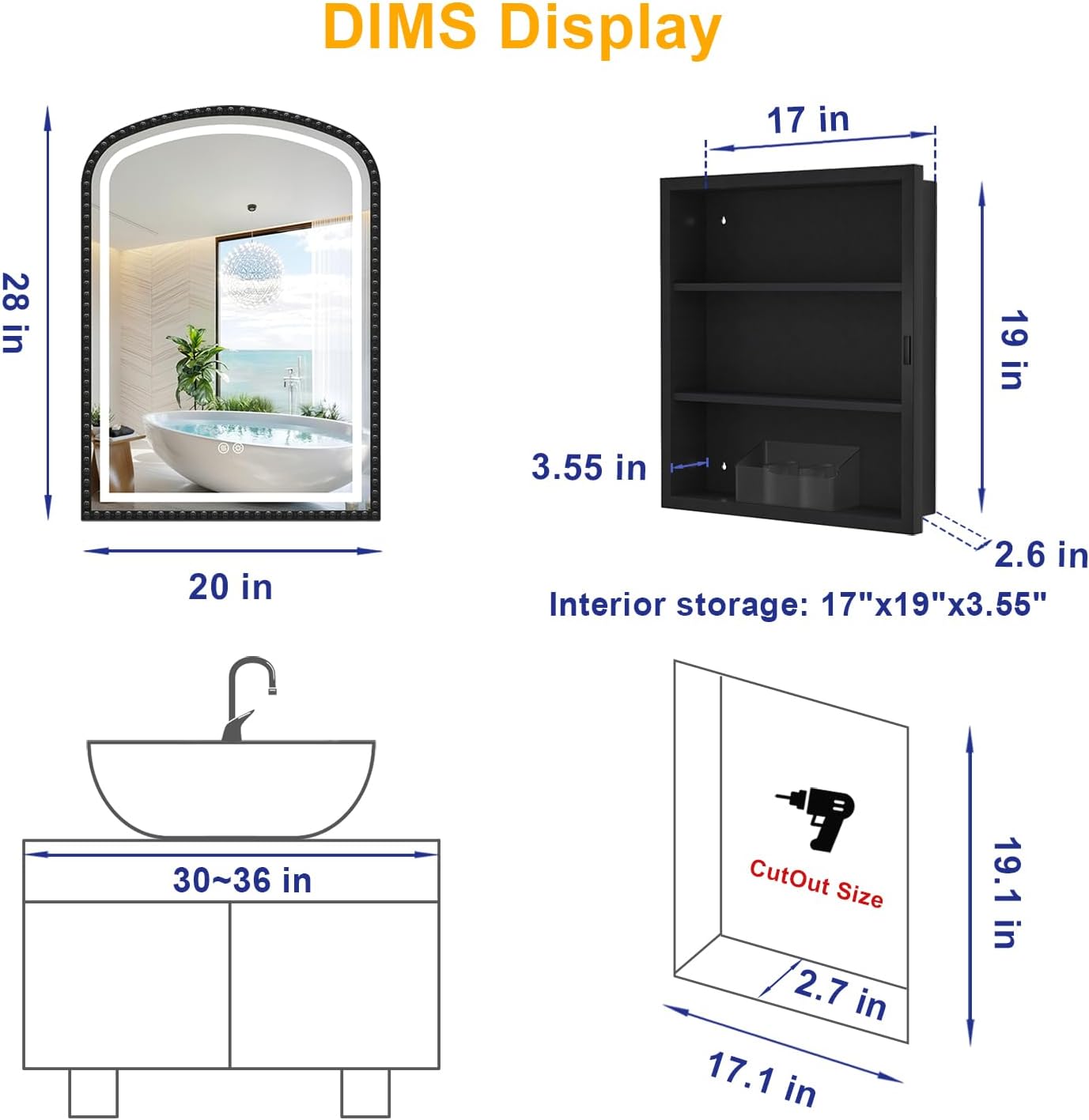 20" x 28" Black LED Bathroom Medicine Cabinet Mirror, Lighted Medicine Cabinets with Mirrors and Storage Wall Mount & Recessed, Dimmable 3 Lighting Colors and Anti-Fog, 1 Organizer, Daisy Beaded Frame