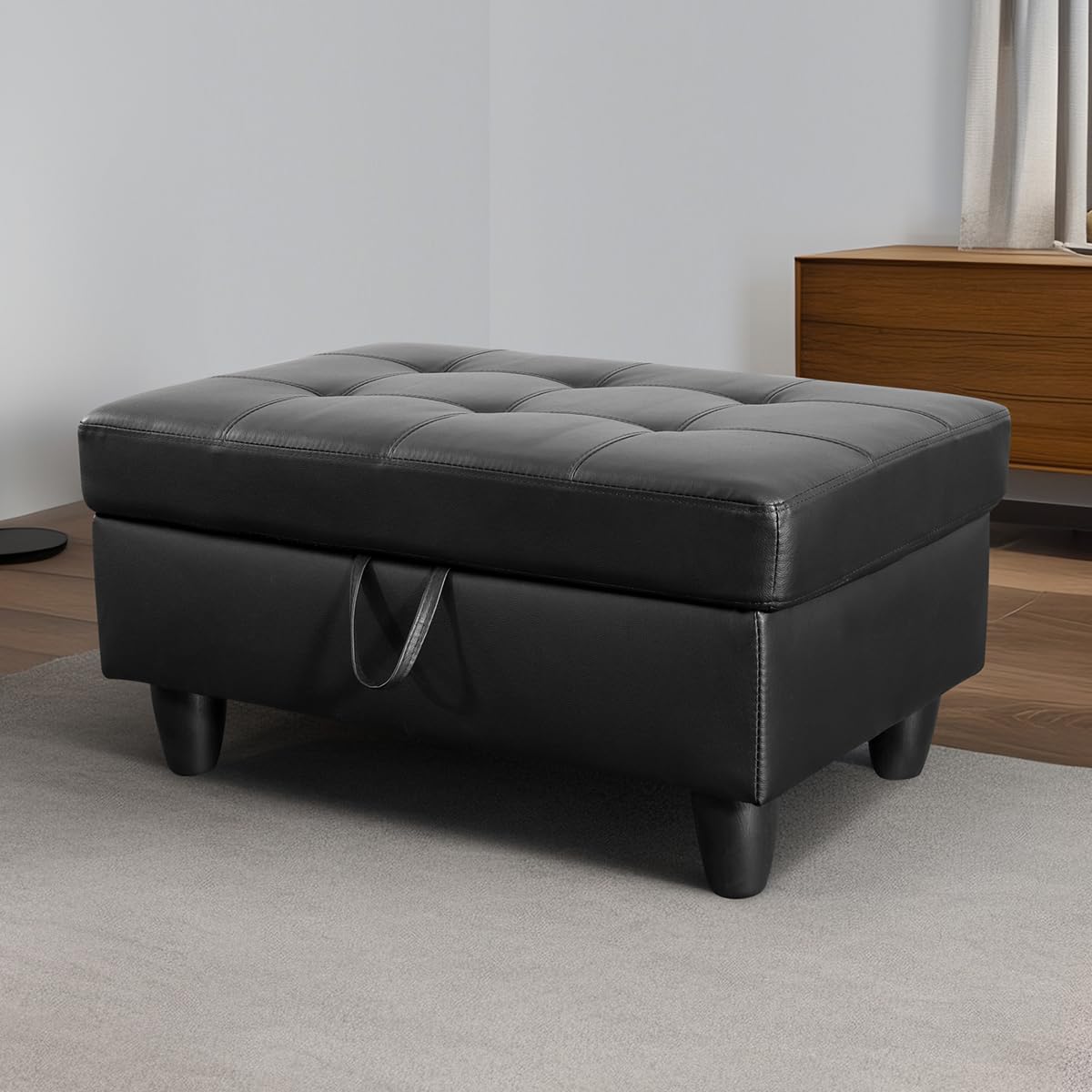 Ottoman, Faux Leather Storage Ottoman Bench, Modern Black 33.5" Large Square Entryway Bench Ottoman with Storage for Living Room/Apartment/Bedroom/Rv Car,Black