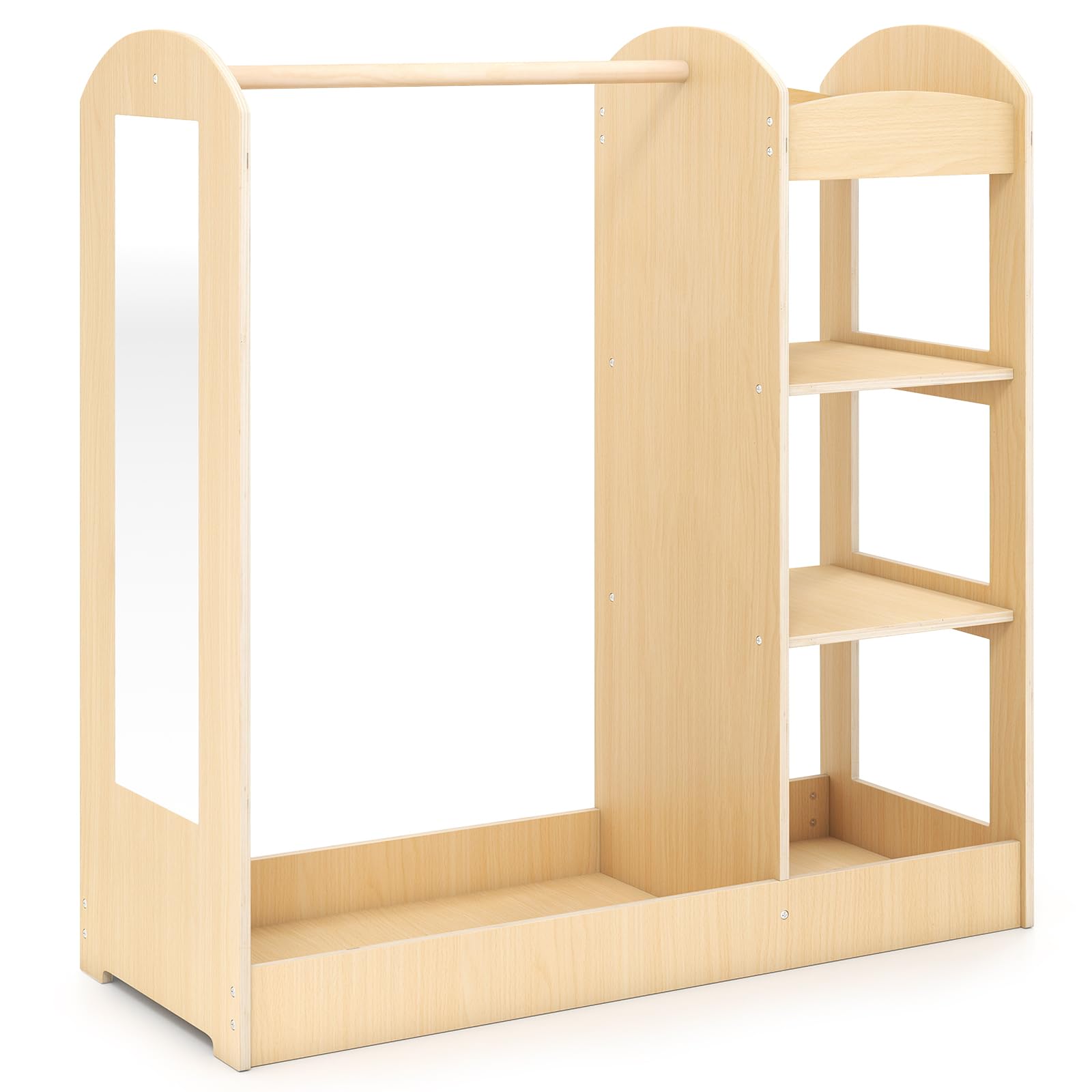 GYMAX Kids Dress up Storage, Wooden Children Wardrobe with Mirror, Clothes Rail and 4-Tier Shelves, Toddlers Closet for Girls Boys Bedroom (Natural)